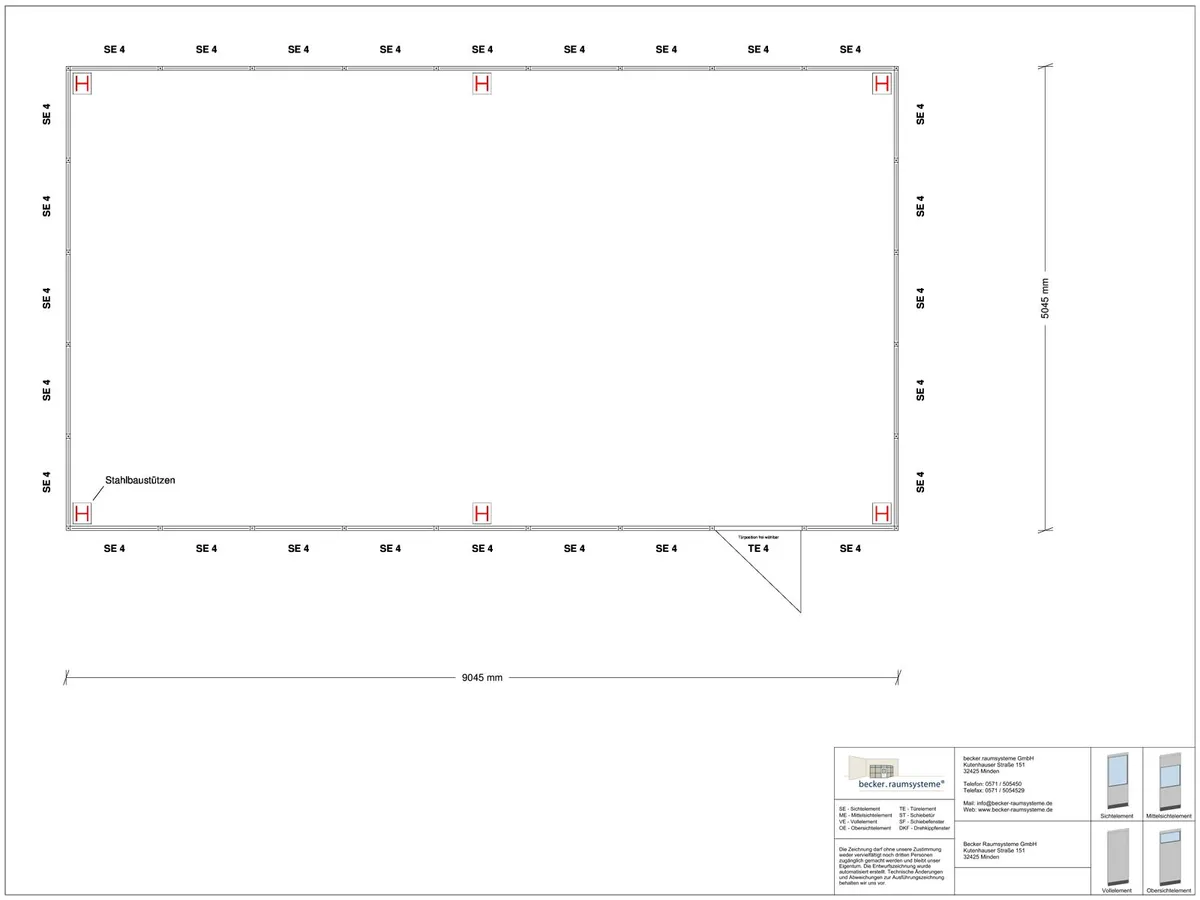 Zeichnung für Hallenbüro als Doppelstock 4-seitig 9,00 x 5,00 m System RS 45 von Becker Raumsysteme - Artikel HD4-9050