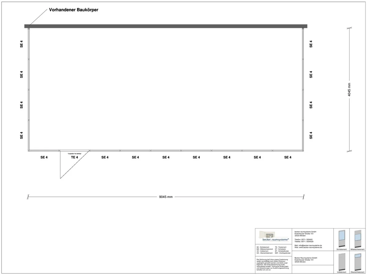 Zeichnung für Hallenbüro 3-seitig 9,00 x 4,00 m System RS 45 von Becker Raumsysteme - Artikel HB3-9040