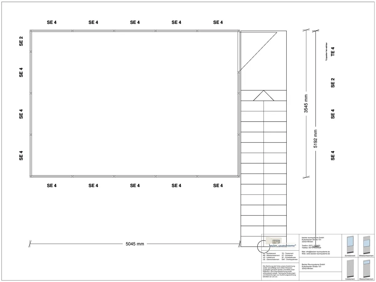 Zeichnung für Hallenbüro auf Stahlbau 4-seitig 5,00 x 3,50 m System RS 45 von Becker Raumsysteme - Artikel HS4-5035