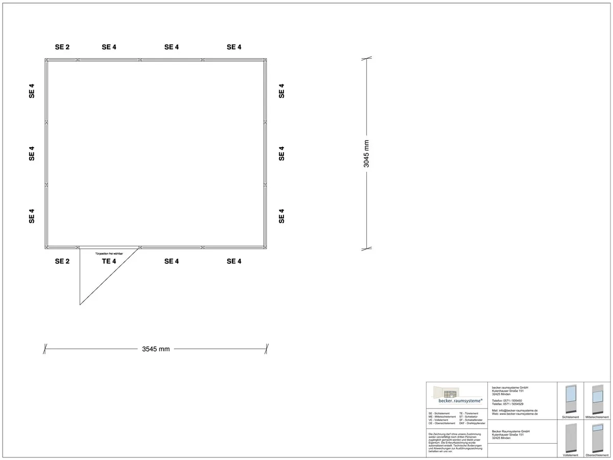 Zeichnung für Stellwand 4-seitig 3,50 x 3,00 m System RS 45 von Becker Raumsysteme - Artikel SW4-3530