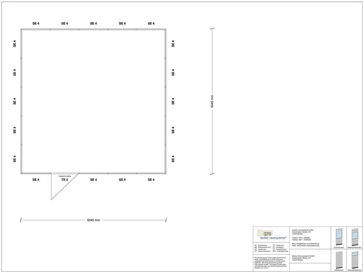 Zeichnung für Stellwand 4-seitig 5,00 x 5,00 m System RS 45 von Becker Raumsysteme - Artikel SW4-5050