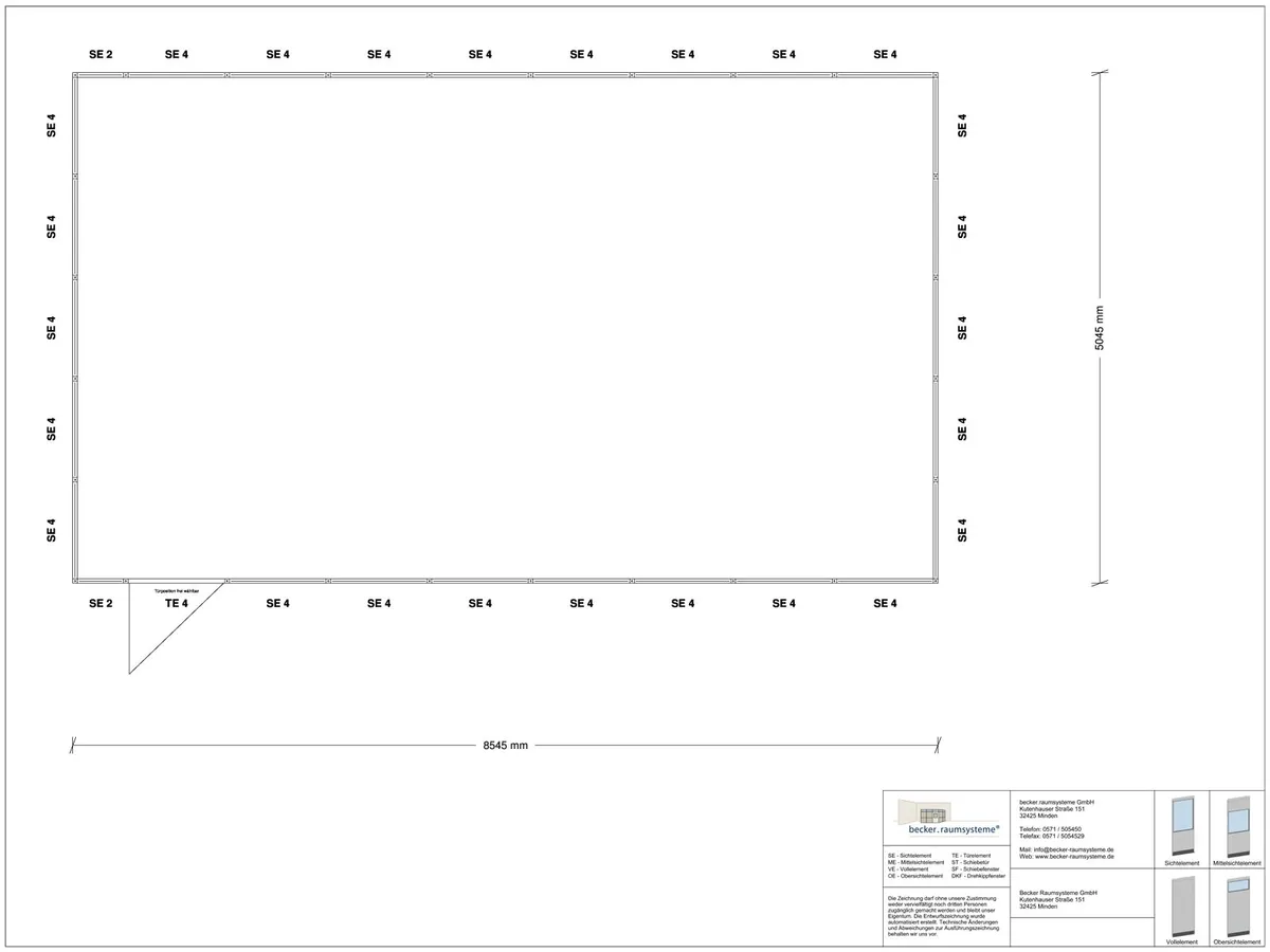 Zeichnung für Stellwand 4-seitig 8,50 x 5,00 m System RS 45 von Becker Raumsysteme - Artikel SW4-8550