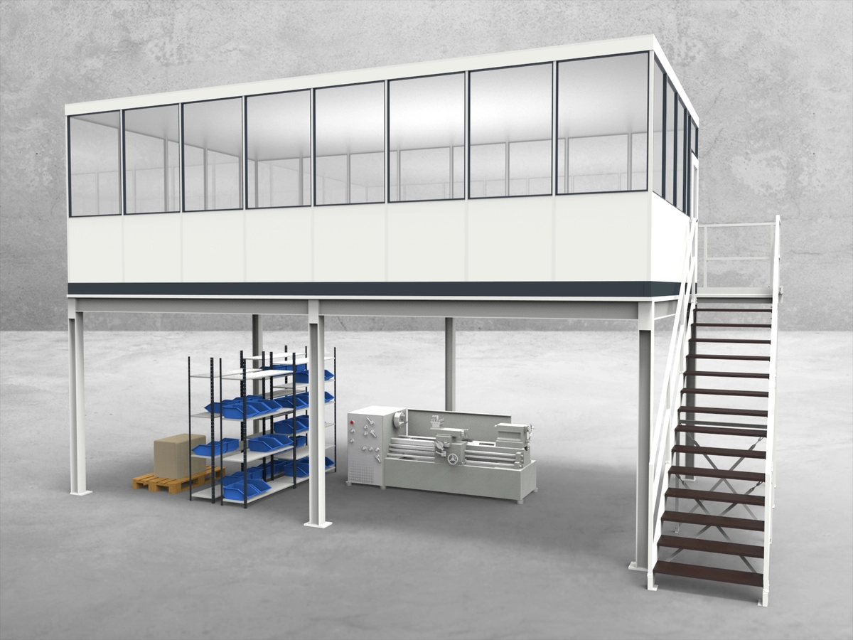 Aussenansicht für Hallenbüro auf Stahlbau 4-seitig 8,00 x 4,50 m System RS 45 von Becker Raumsysteme - Artikel HS4-8045
