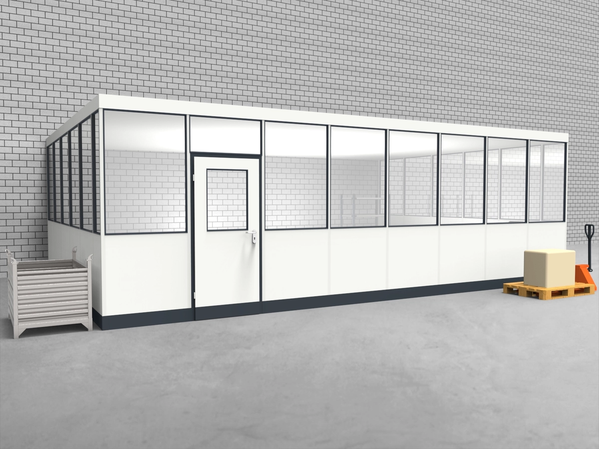 Aussenansicht für Hallenbüro 3-seitig 8,00 x 5,50 m System RS 45 von Becker Raumsysteme - Artikel HB3-8055