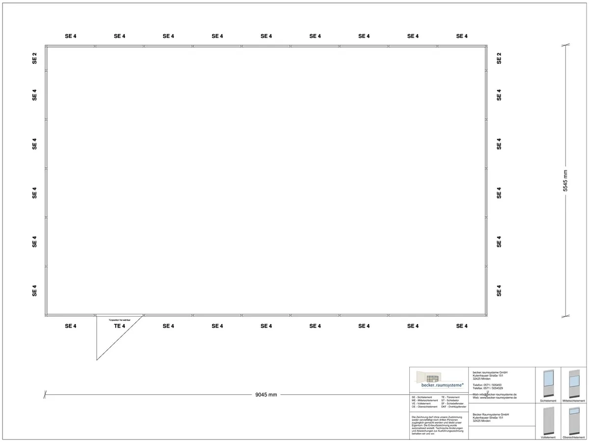 Zeichnung für Hallenbüro 4-seitig 9,00 x 5,50 m System RS 45 von Becker Raumsysteme - Artikel HB4-9055