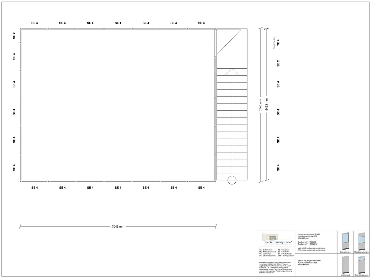 Zeichnung für Hallenbüro auf Stahlbau 4-seitig 7,00 x 5,50 m System RS 45 von Becker Raumsysteme - Artikel HS4-7055