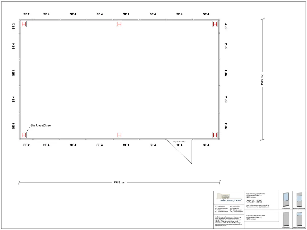 Zeichnung für Hallenbüro als Doppelstock 4-seitig 7,50 x 4,50 m System RS 45 von Becker Raumsysteme - Artikel HD4-7545