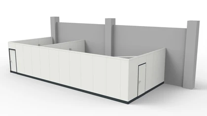 3-Seitige Stellwand mit rückseitigem Anschluss an die Halle 3-Seitige Stellwand mit rückseitigem Anschluss an die Hallenwand ohne Deckenkonstruktion
