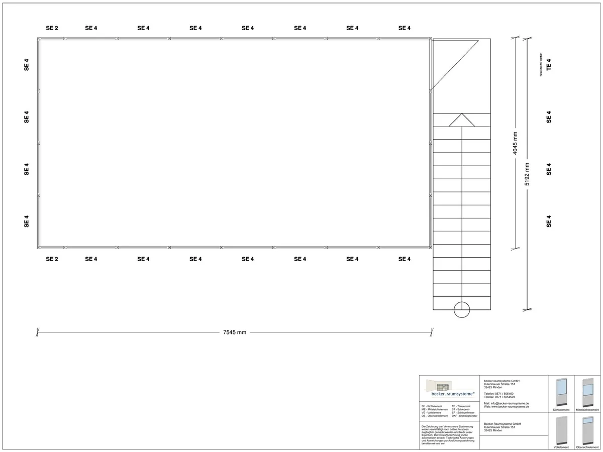 Zeichnung für Hallenbüro als Doppelstock 4-seitig 7,50 x 4,00 m System RS 45 von Becker Raumsysteme - Artikel HD4-7540