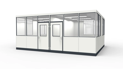 Hallenbüro, Betriebsbüro aus vorgefertigten Bauteilen Hallenbüro, Betriebsbüro für die Industrie aus modularen Bauteilen in einer Lagerhalle