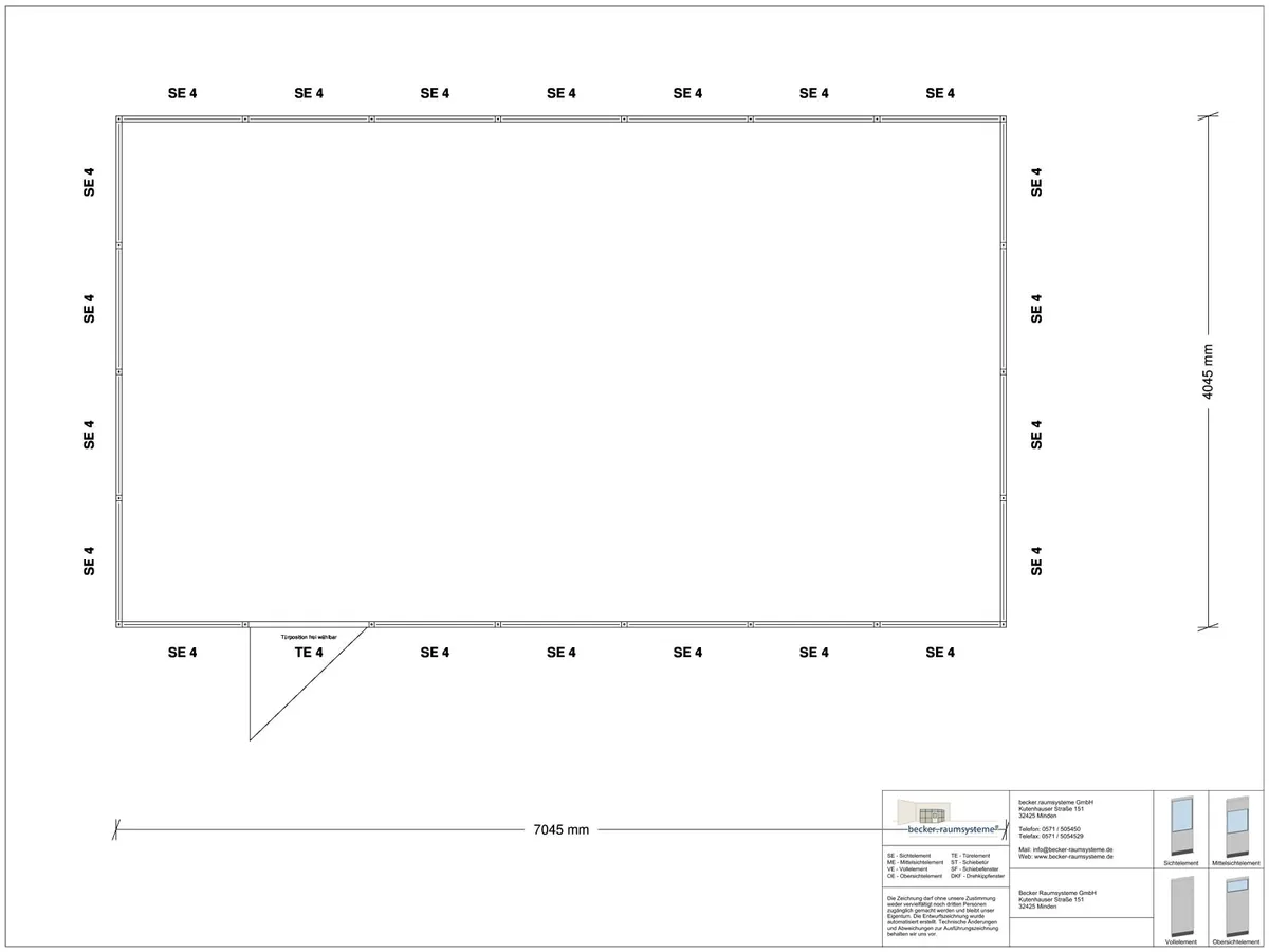 Zeichnung für Hallenbüro 4-seitig 7,00 x 4,00 m System RS 45 von Becker Raumsysteme - Artikel HB4-7040