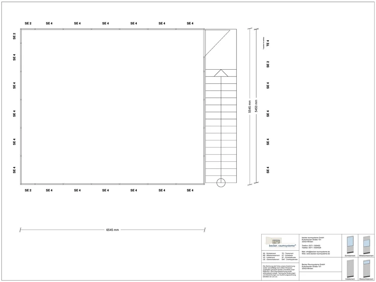 Zeichnung für Hallenbüro auf Stahlbau 4-seitig 6,50 x 5,50 m System RS 45 von Becker Raumsysteme - Artikel HS4-6555