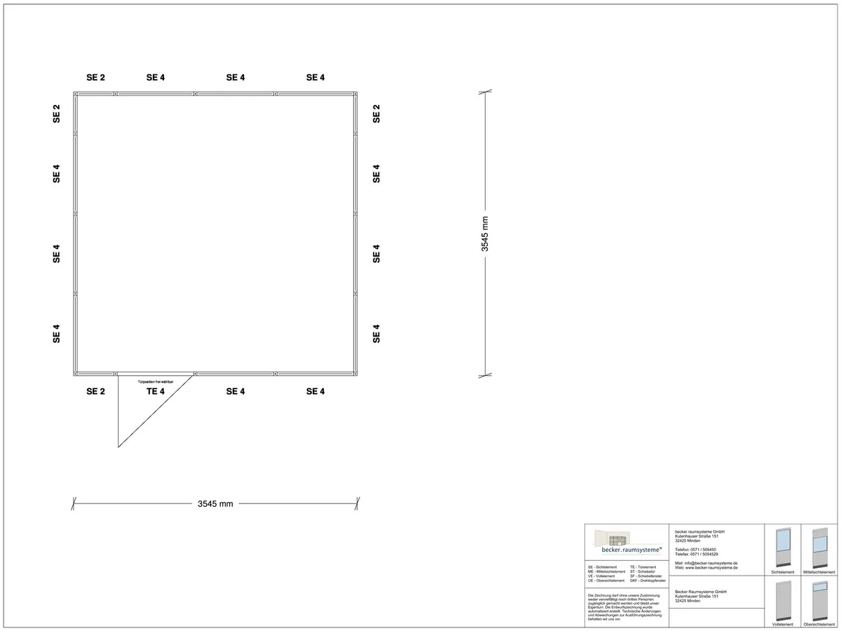 Zeichnung für Hallenbüro 4-seitig 3,50 x 3,50 m System RS 45 von Becker Raumsysteme - Artikel HB4-3535