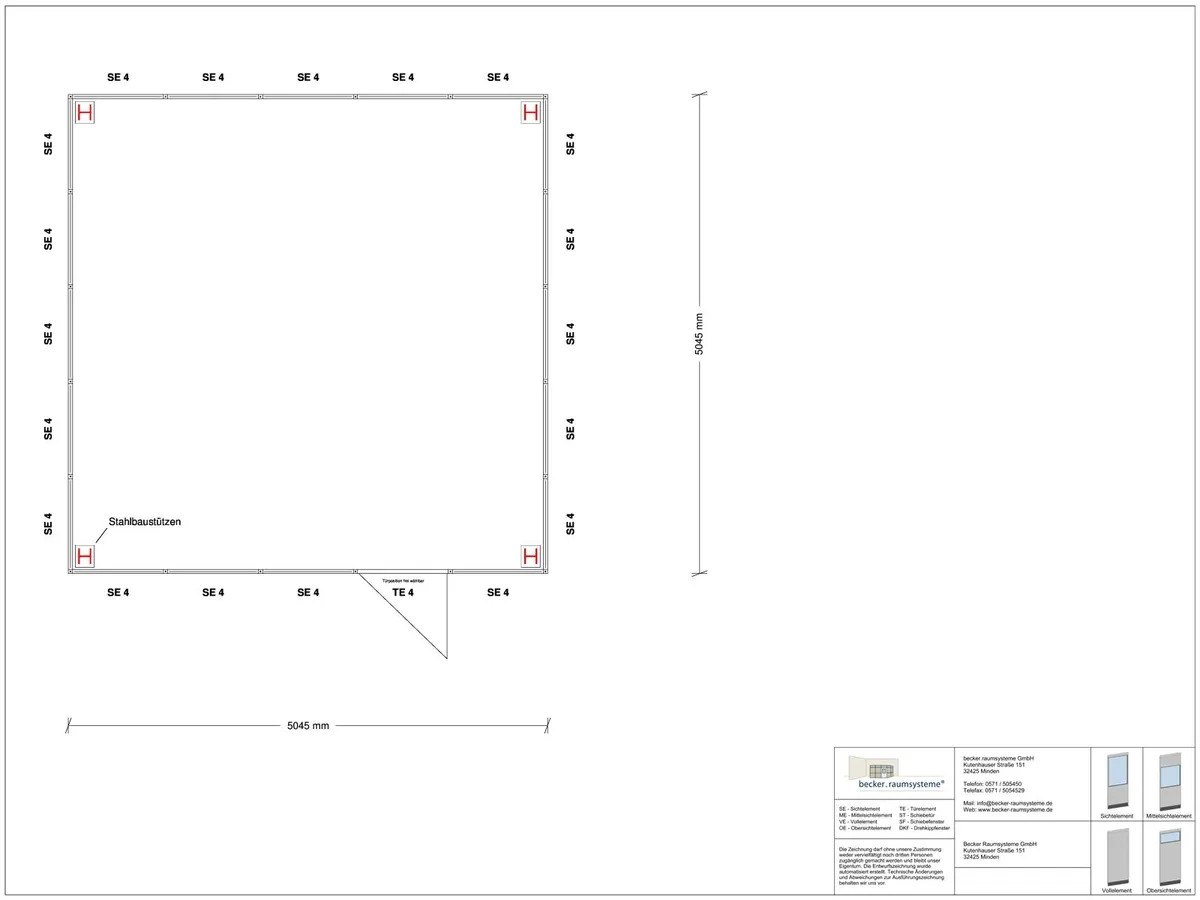 Zeichnung für Hallenbüro als Doppelstock 4-seitig 5,00 x 5,00 m System RS 45 von Becker Raumsysteme - Artikel HD4-5050