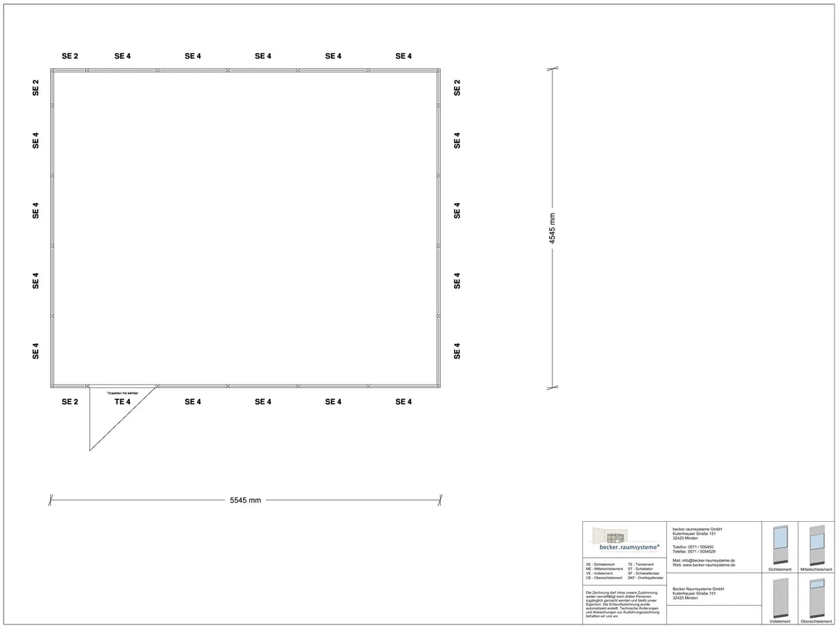 Zeichnung für Stellwand 4-seitig 5,50 x 4,50 m System RS 45 von Becker Raumsysteme - Artikel SW4-5545