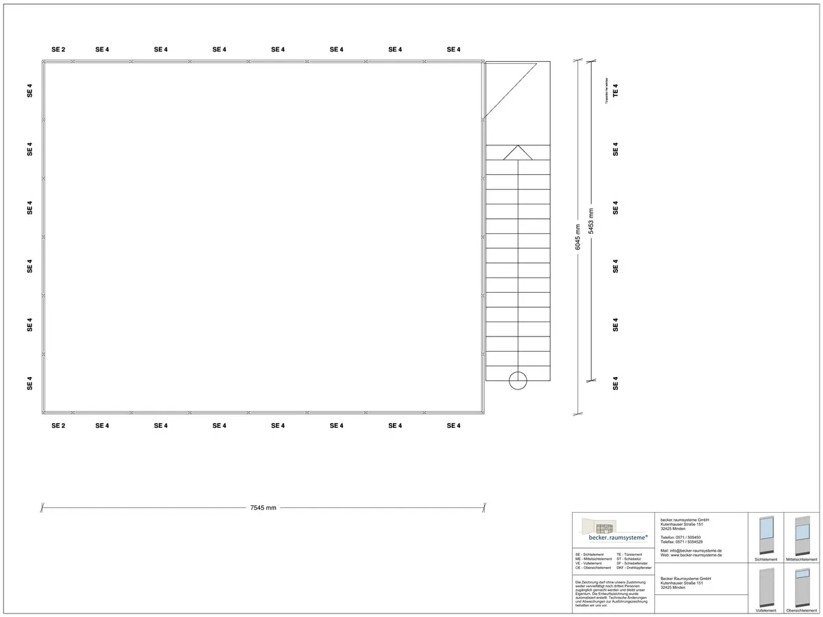 Aussenansicht für Hallenbüro auf Stahlbau 4-seitig 7,50 x 5,50 m System RS 45 von Becker Raumsysteme - Artikel HS4-7555