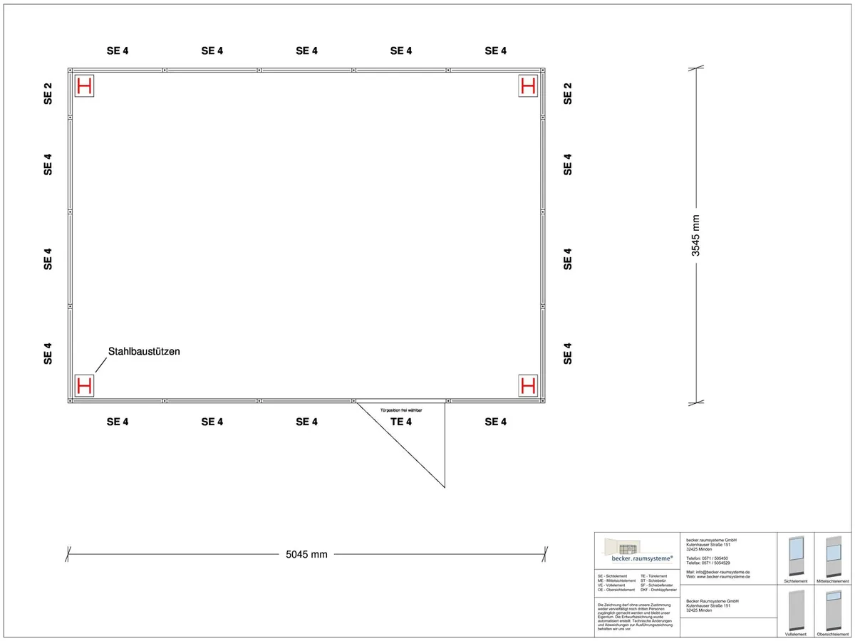 Zeichnung für Hallenbüro als Doppelstock 4-seitig 5,50 x 4,50 m System RS 45 von Becker Raumsysteme - Artikel HD4-5545