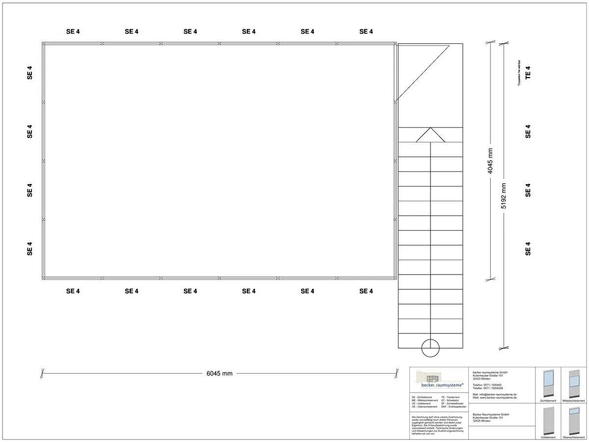 Zeichnung für Hallenbüro auf Stahlbau 4-seitig 6,00 x 4,00 m System RS 45 von Becker Raumsysteme - Artikel HS4-6040