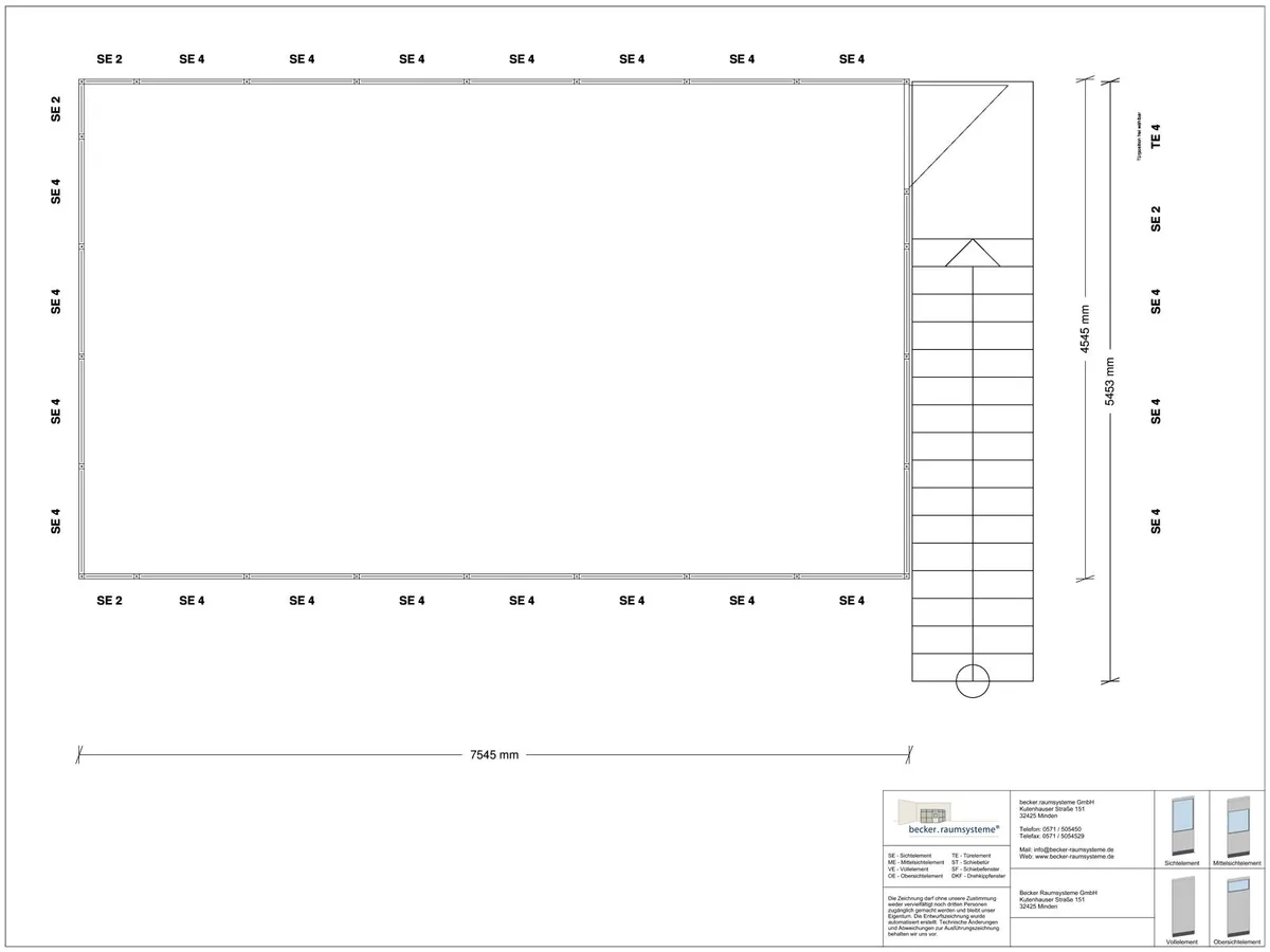 Zeichnung für Hallenbüro auf Stahlbau 4-seitig 7,50 x 4,50 m System RS 45 von Becker Raumsysteme - Artikel HS4-7545