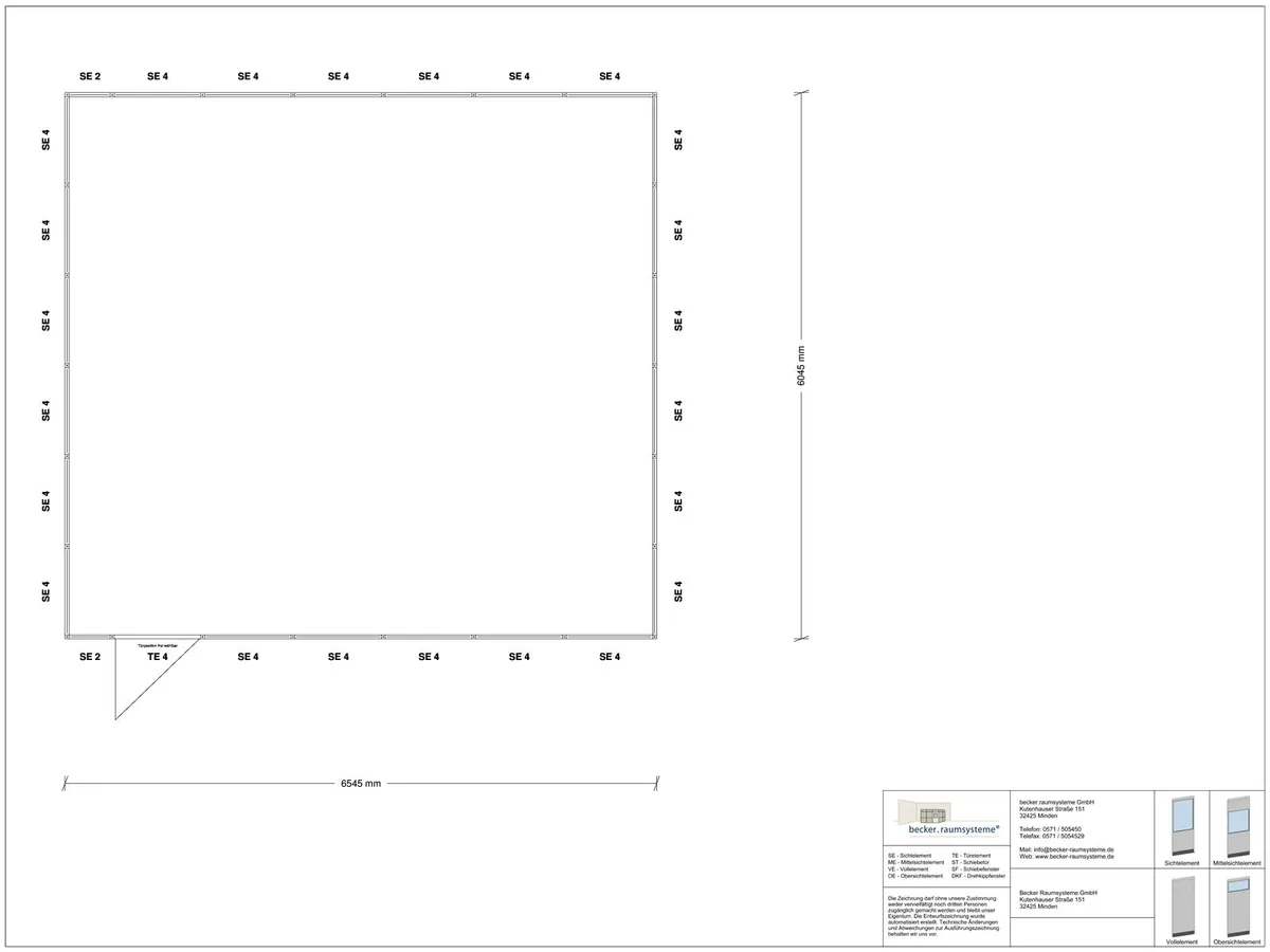Zeichnung für Stellwand 4-seitig 6,50 x 6,00 m System RS 45 von Becker Raumsysteme - Artikel SW4-6560