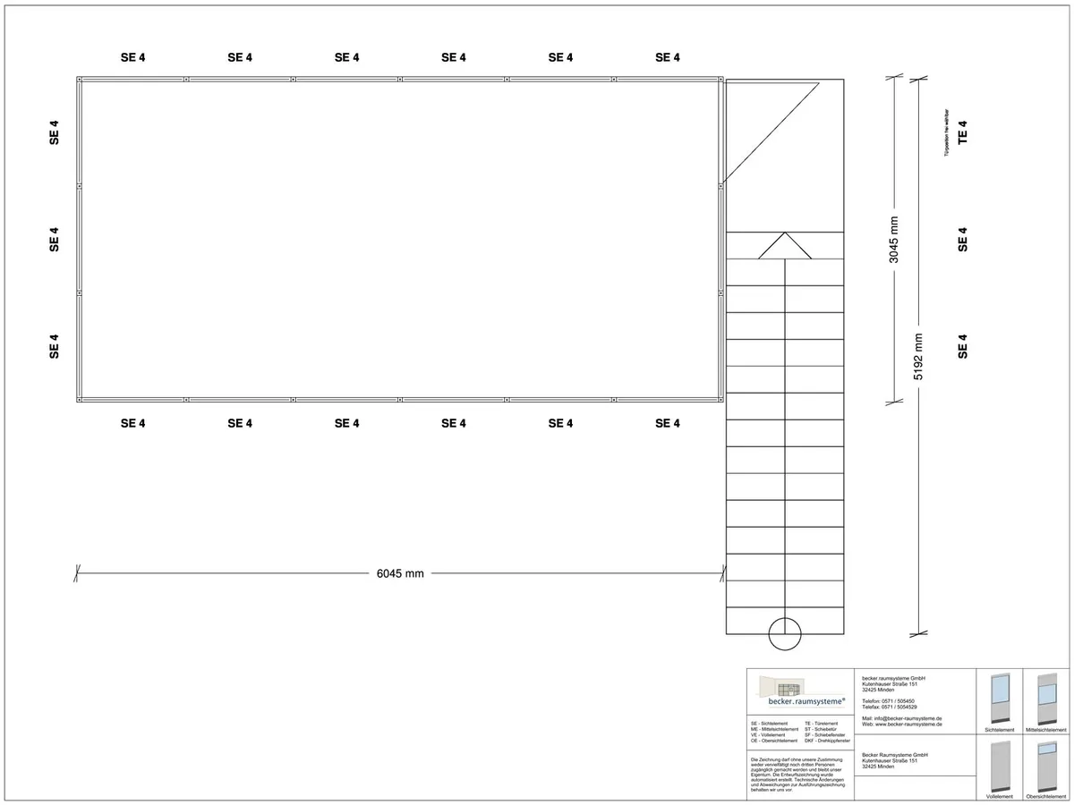 Zeichnung für Hallenbüro auf Stahlbau 4-seitig 6,00 x 3,00 m System RS 45 von Becker Raumsysteme - Artikel HS4-6030