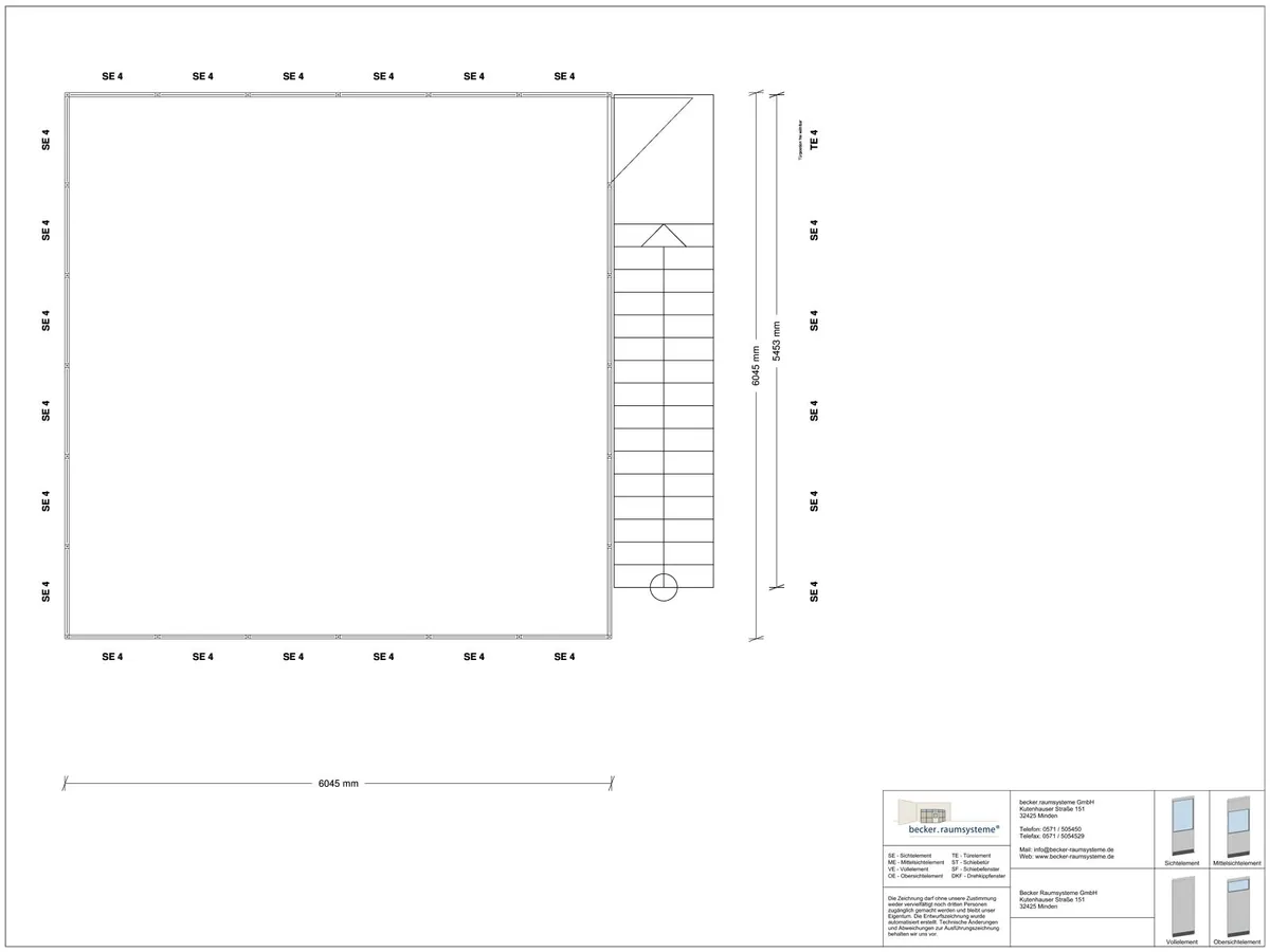 Zeichnung für Hallenbüro als Doppelstock 4-seitig 6,00 x 6,00 m System RS 45 von Becker Raumsysteme - Artikel HD4-6060