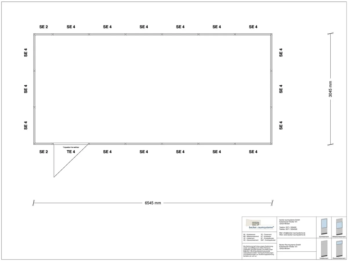 Zeichnung für Hallenbüro 4-seitig 6,50 x 3,00 m System RS 45 von Becker Raumsysteme - Artikel HB4-6530