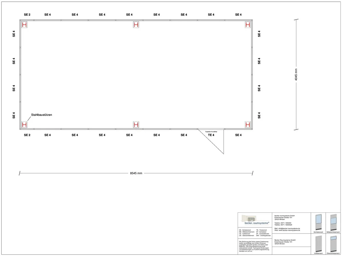 Zeichnung für Hallenbüro als Doppelstock 4-seitig 8,50 x 4,00 m System RS 45 von Becker Raumsysteme - Artikel HD4-8540