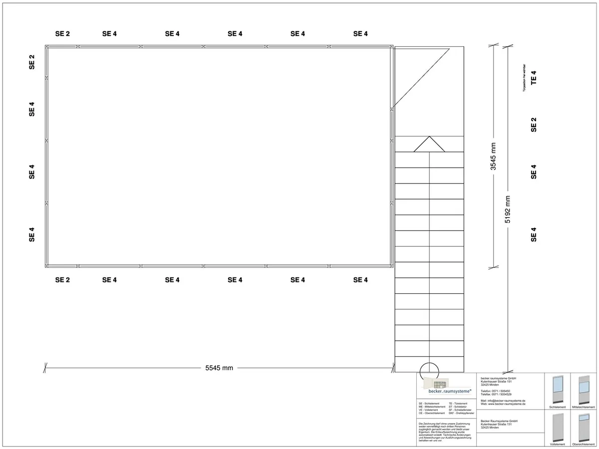 Zeichnung für Hallenbüro als Doppelstock 4-seitig 5,50 x 3,50 m System RS 45 von Becker Raumsysteme - Artikel HD4-5535