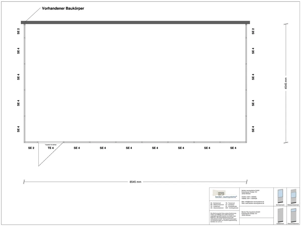 Zeichnung für Hallenbüro 3-seitig 8,50 x 4,50 m System RS 45 von Becker Raumsysteme - Artikel HB3-8545
