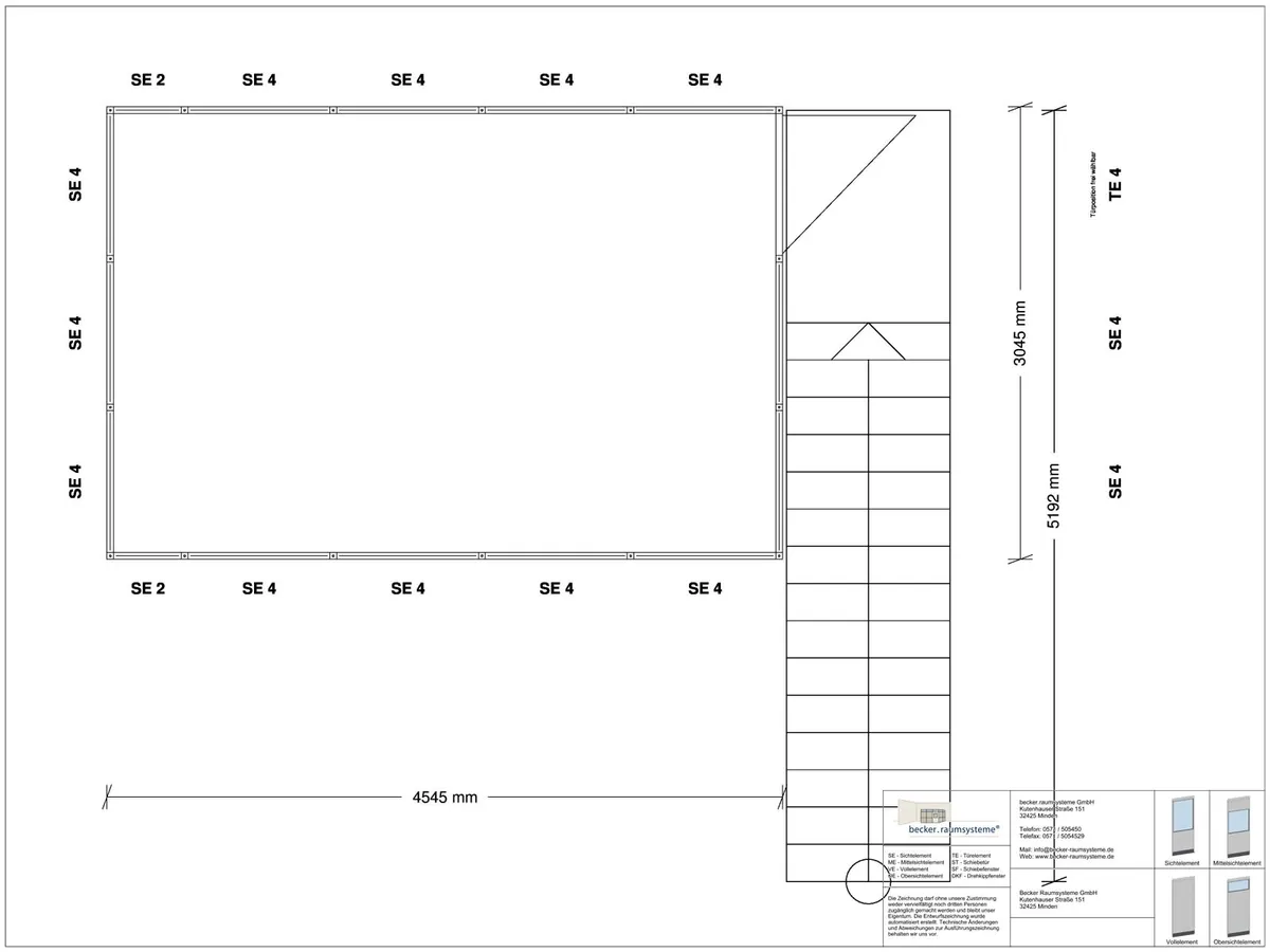 Zeichnung für Hallenbüro auf Stahlbau 4-seitig 4,50 x 3,00 m System RS 45 von Becker Raumsysteme - Artikel HS4-4530