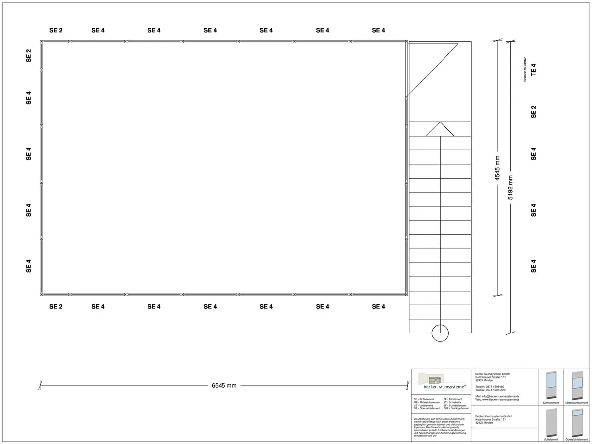 Zeichnung für Hallenbüro auf Stahlbau 4-seitig 6,50 x 4,50 m System RS 45 von Becker Raumsysteme - Artikel HS4-6545