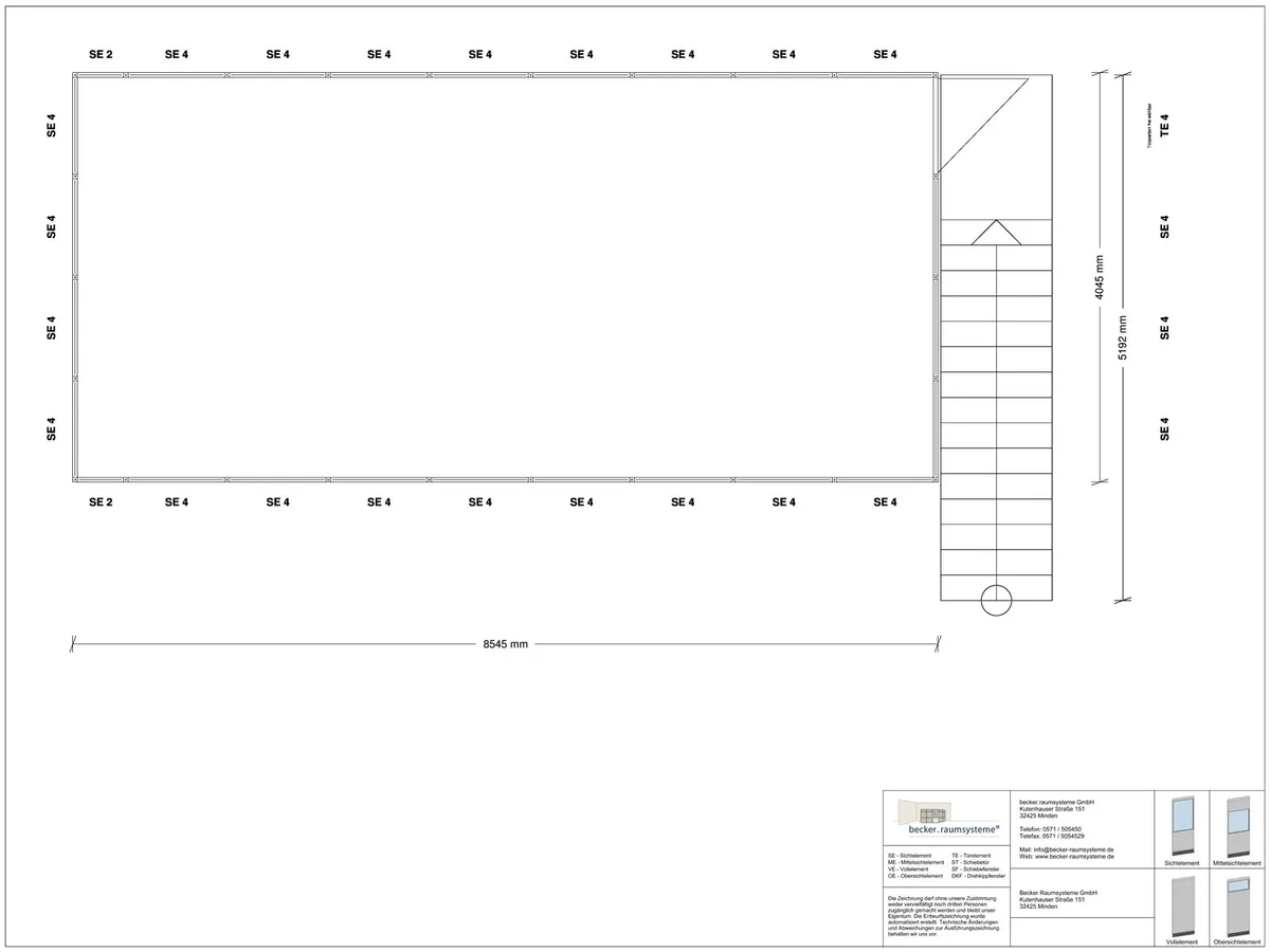Zeichnung für Hallenbüro auf Stahlbau 4-seitig 8,50 x 4,00 m System RS 45 von Becker Raumsysteme - Artikel HS4-8540