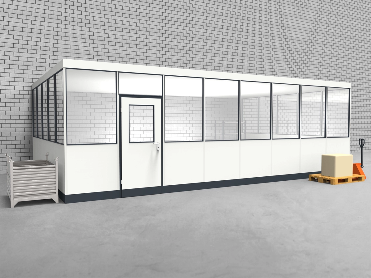 Aussenansicht für Hallenbüro 3-seitig 6,50 x 6,00 m System RS 45 von Becker Raumsysteme - Artikel HB3-6560