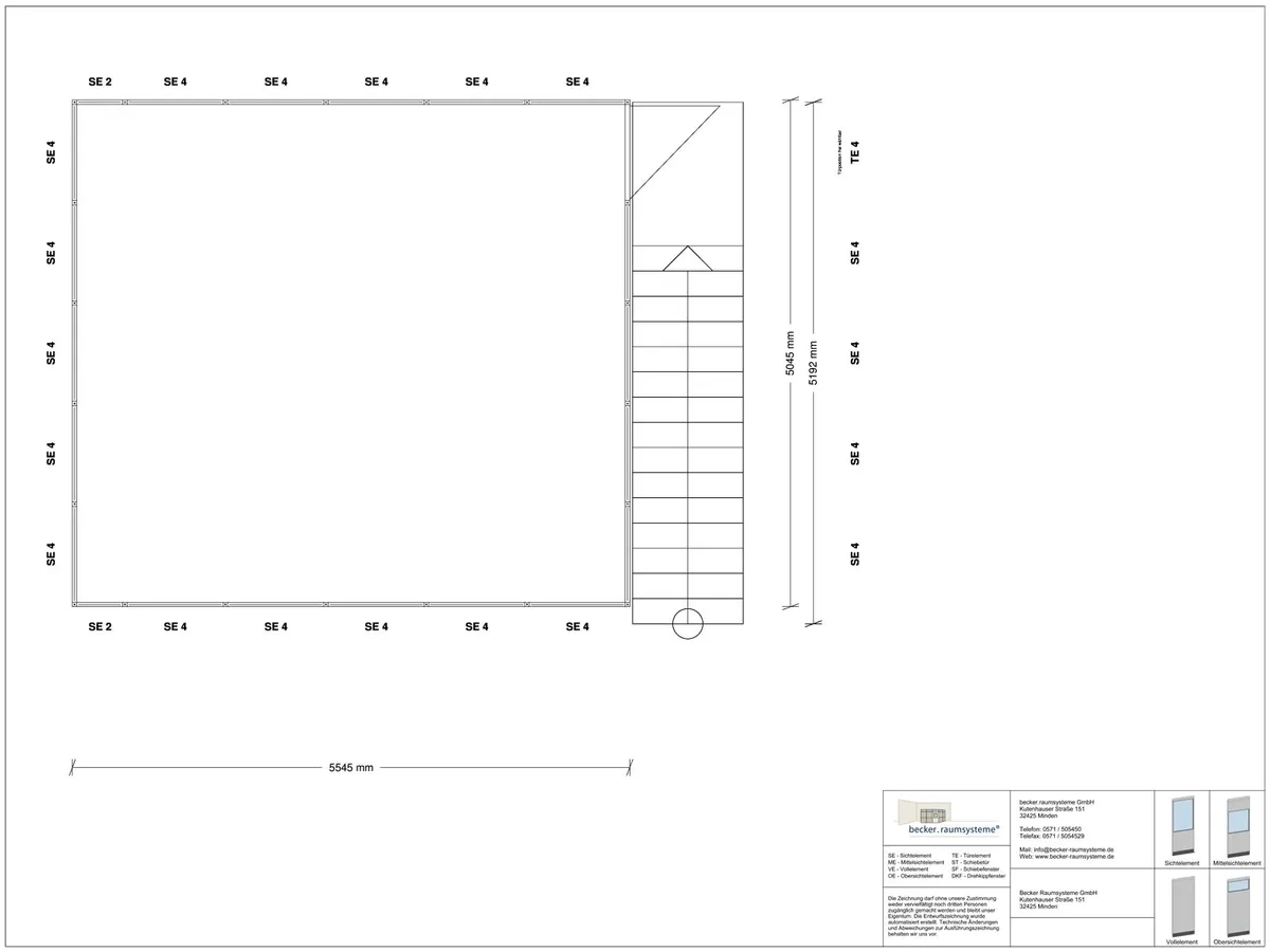 Zeichnung für Hallenbüro auf Stahlbau 4-seitig 5,50 x 5,50 m System RS 45 von Becker Raumsysteme - Artikel HS4-5555