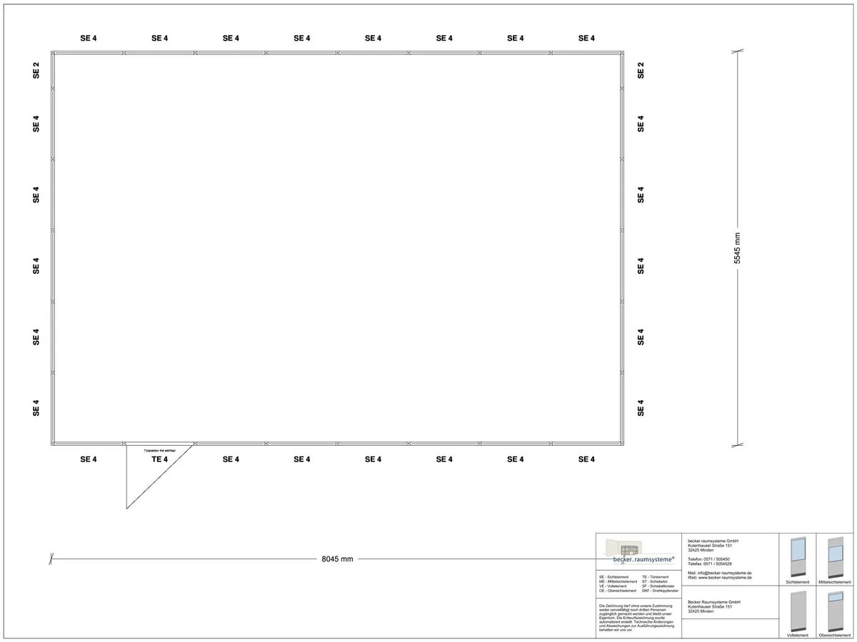 Zeichnung für Stellwand 4-seitig 8,00 x 5,50 m System RS 45 von Becker Raumsysteme - Artikel SW4-8055