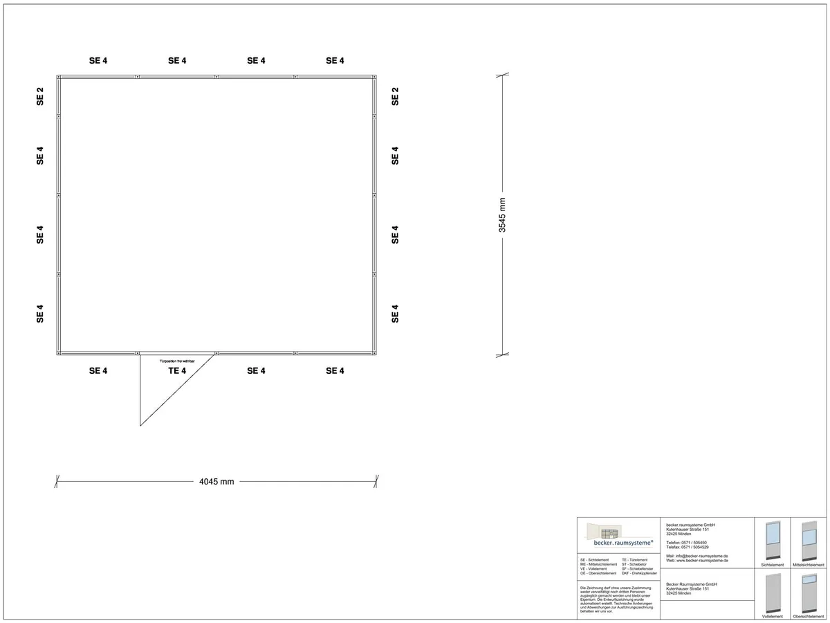 Zeichnung für Stellwand 4-seitig 4,00 x 3,50 m System RS 45 von Becker Raumsysteme - Artikel SW4-4035