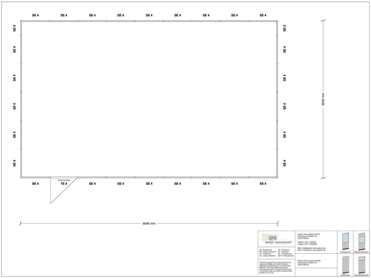 Zeichnung für Stellwand 4-seitig 9,00 x 5,50 m System RS 45 von Becker Raumsysteme - Artikel SW4-9055
