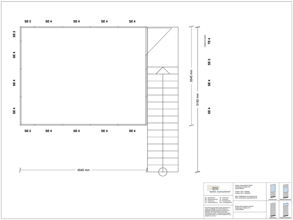 Innenansicht für Hallenbüro auf Stahlbau 4-seitig 4,50 x 4,50 m System RS 45 von Becker Raumsysteme - Artikel HS4-4545