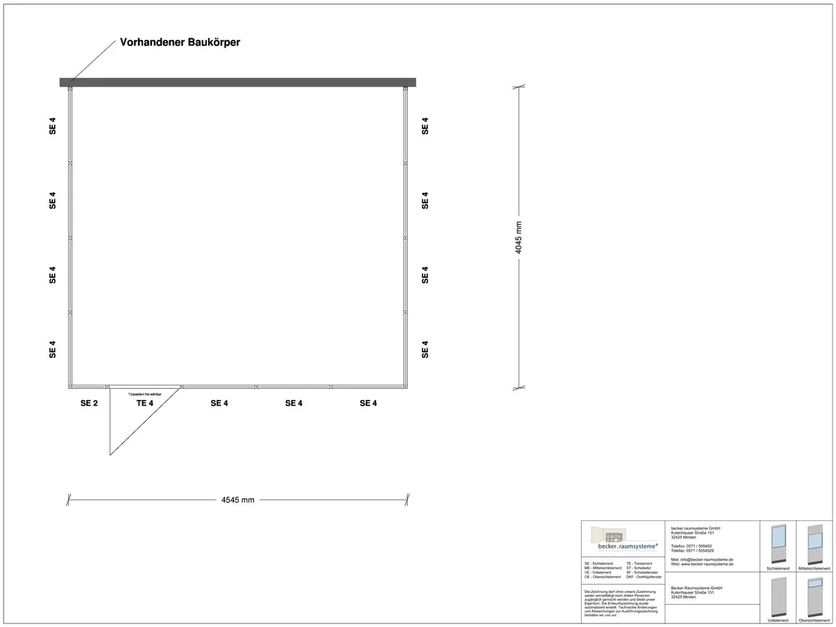 Zeichnung für Hallenbüro 3-seitig 4,50 x 4,00 m System RS 45 von Becker Raumsysteme - Artikel HB3-4540