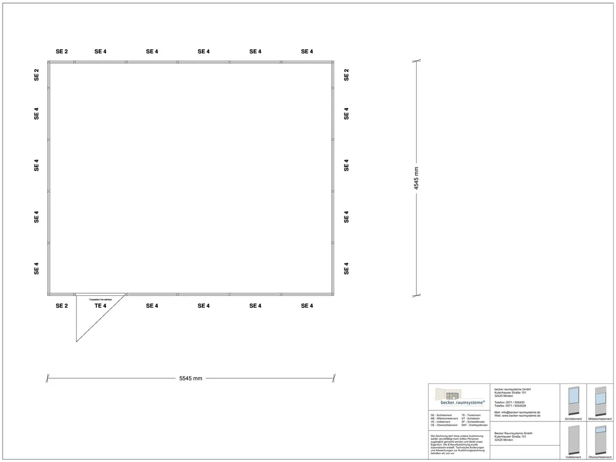 Innenansicht für Hallenbüro 4-seitig 5,50 x 4,50 m System RS 45 von Becker Raumsysteme - Artikel HB4-5545
