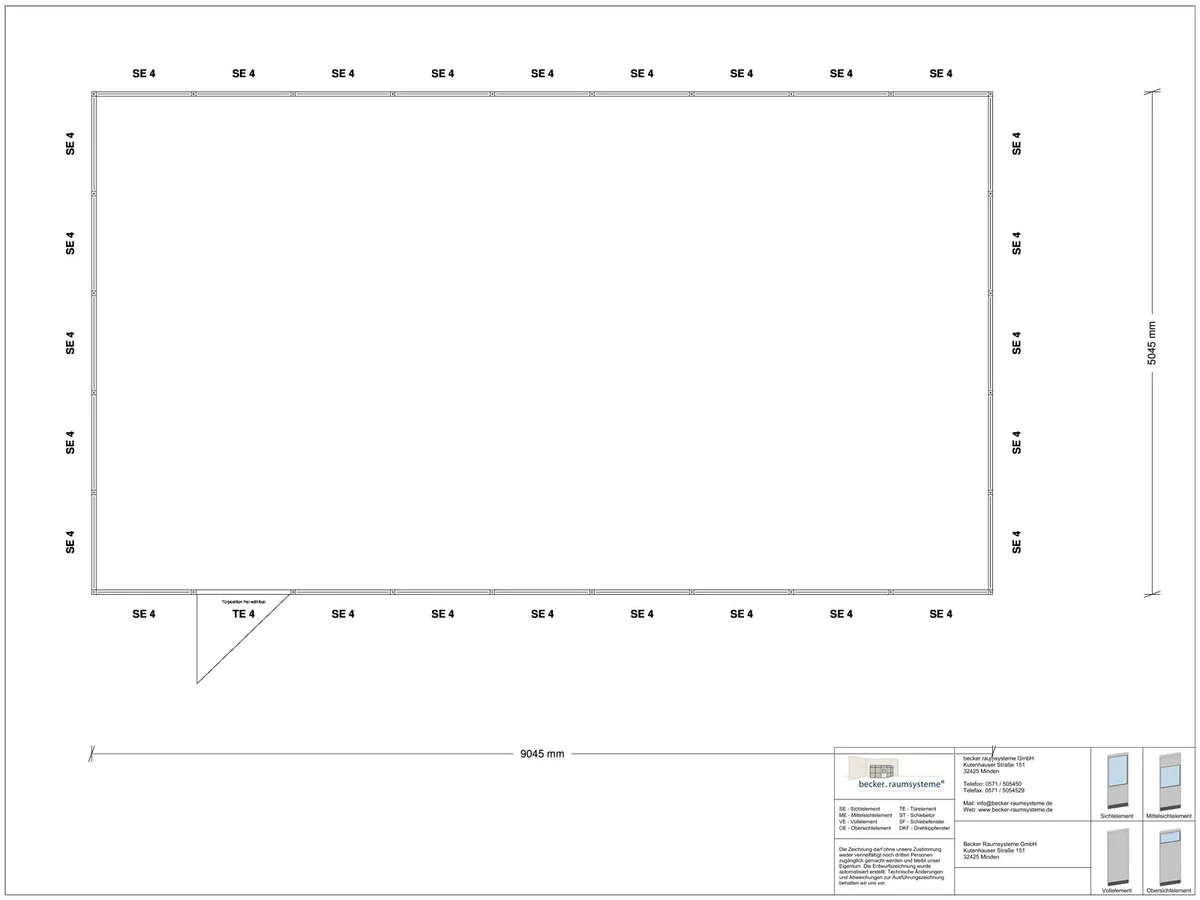 Zeichnung für Hallenbüro 4-seitig 9,00 x 5,00 m System RS 45 von Becker Raumsysteme - Artikel HB4-9050