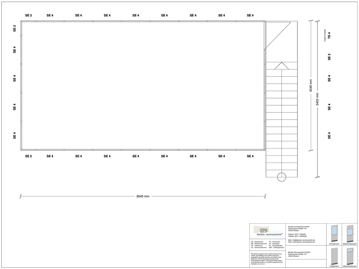 Zeichnung für Hallenbüro auf Stahlbau 4-seitig 8,50 x 4,50 m System RS 45 von Becker Raumsysteme - Artikel HS4-8545