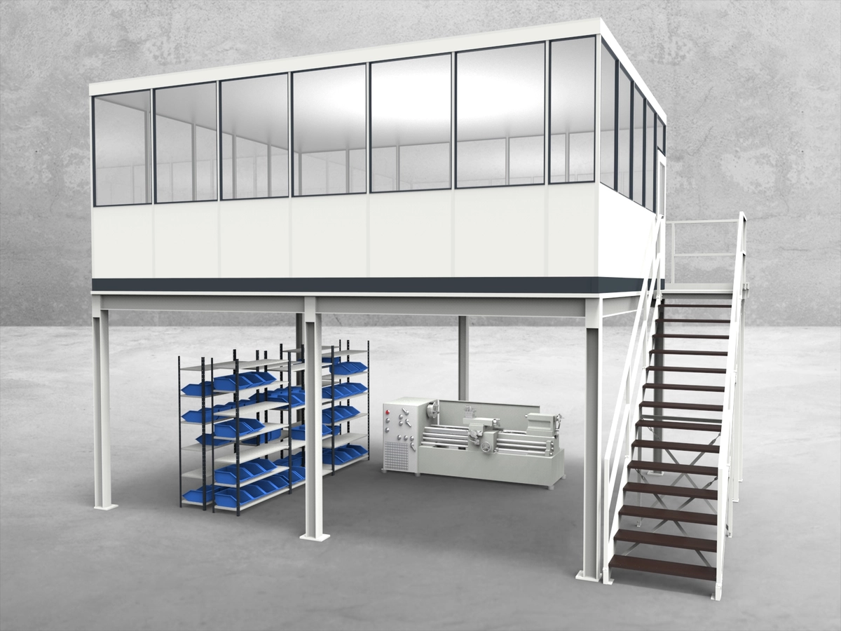 Aussenansicht für Hallenbüro auf Stahlbau 4-seitig 6,50 x 5,00 m System RS 45 von Becker Raumsysteme - Artikel HS4-6550