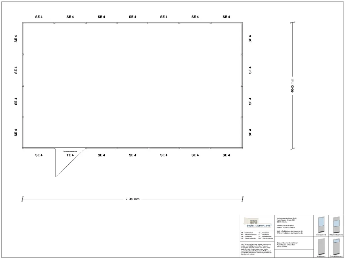 Zeichnung für Stellwand 4-seitig 7,00 x 4,00 m System RS 45 von Becker Raumsysteme - Artikel SW4-7040