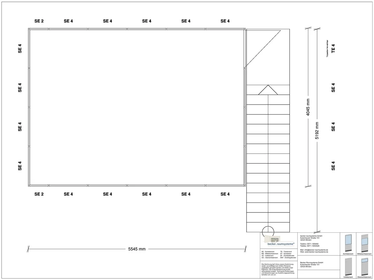 Zeichnung für Hallenbüro auf Stahlbau 4-seitig 5,50 x 4,00 m System RS 45 von Becker Raumsysteme - Artikel HS4-5540