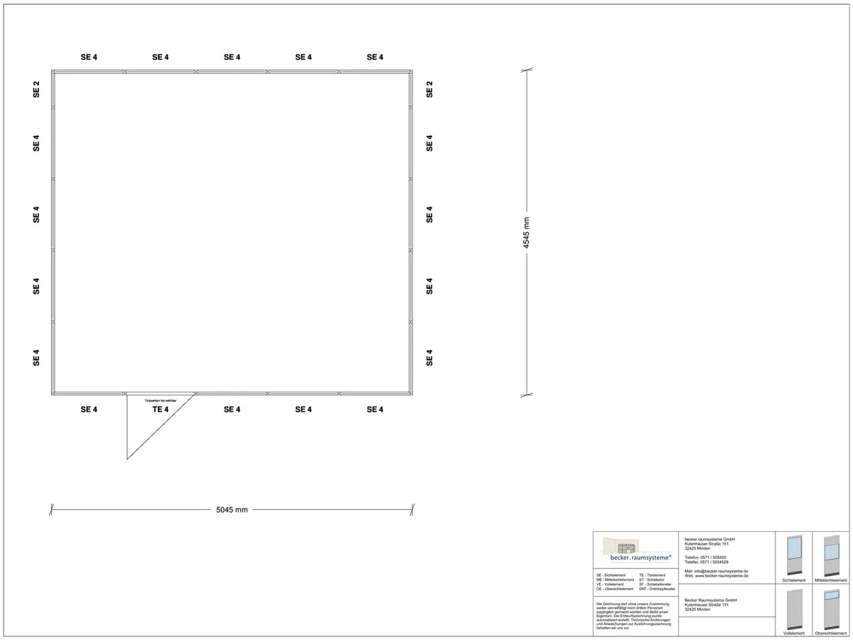 Zeichnung für Stellwand 4-seitig 5,00 x 4,50 m System RS 45 von Becker Raumsysteme - Artikel SW4-5045