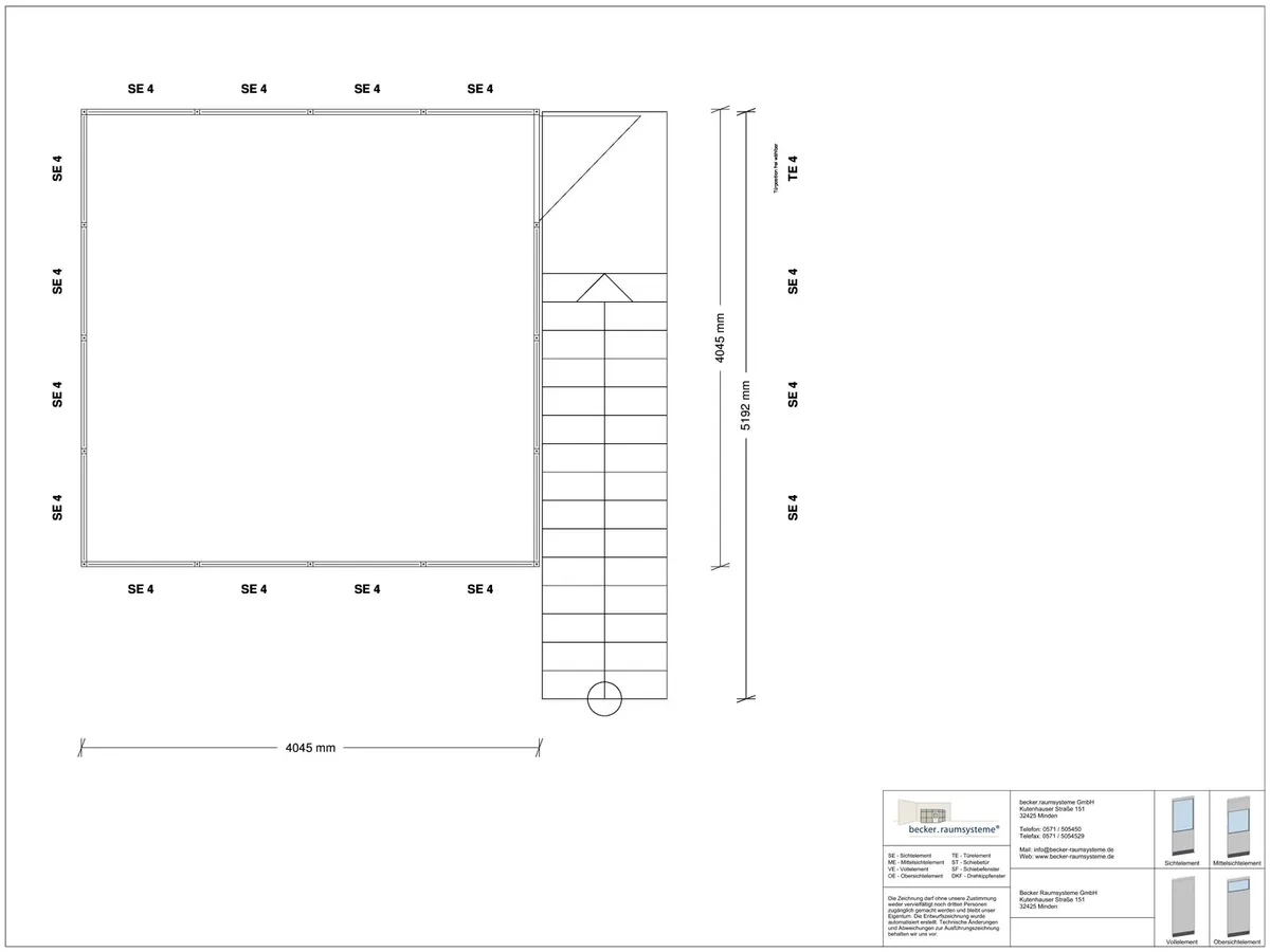 Zeichnung für Hallenbüro als Doppelstock 4-seitig 4,00 x 4,00 m System RS 45 von Becker Raumsysteme - Artikel HD4-4040