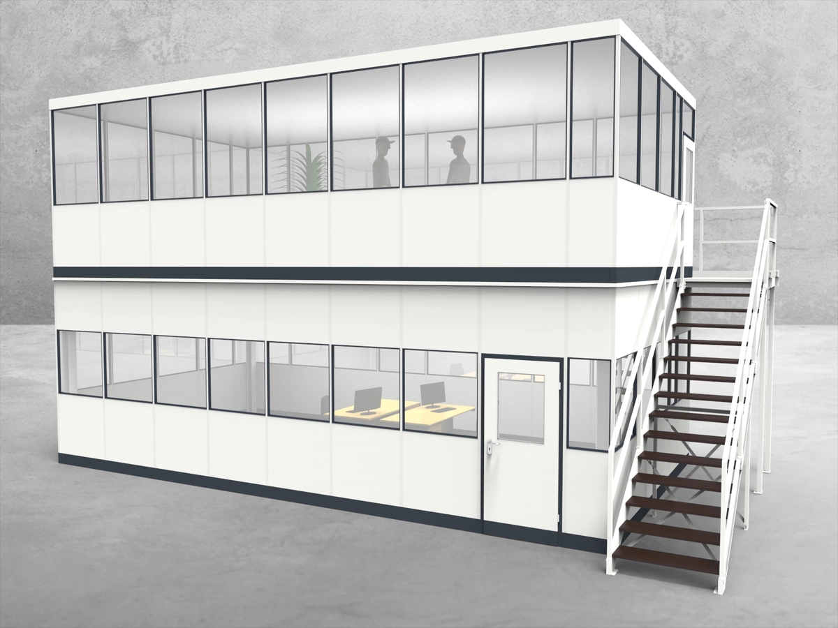 Aussenansicht für Hallenbüro als Doppelstock 4-seitig 8,50 x 4,50 m System RS 45 von Becker Raumsysteme - Artikel HD4-8545
