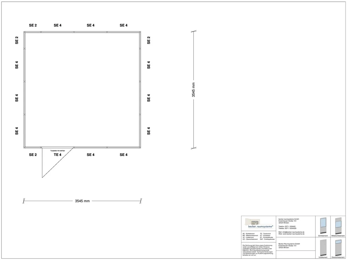 Zeichnung für Stellwand 4-seitig 3,50 x 3,50 m System RS 45 von Becker Raumsysteme - Artikel SW4-3535